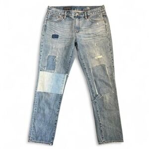 J.Crew Jeans Womens 28‎ Rogers Distressed Broken In Boyfriend Patched Blue Denim